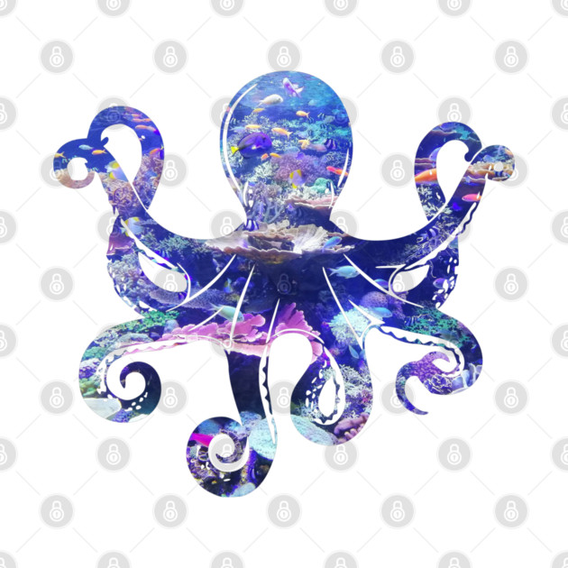 Octopus silhouette filled with colorful ocean life by Luxinda