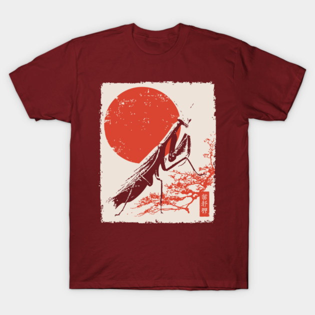 Japanese Mantis and Mt. Fuji | Red Sun Landscape T-Shirt by TuncGK
