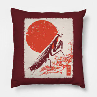 Japanese Mantis and Mt. Fuji | Red Sun Landscape Pillow