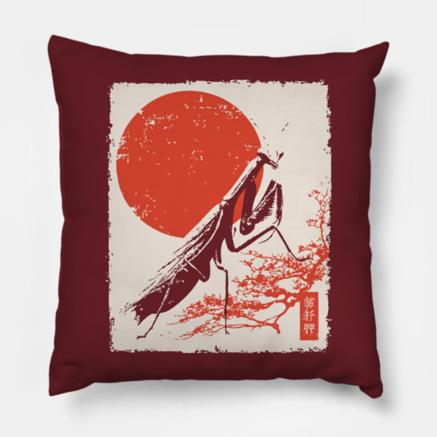 Japanese Mantis and Mt. Fuji | Red Sun Landscape Pillow by TuncGK