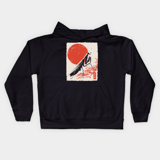 Japanese Mantis and Mt. Fuji | Red Sun Landscape Kids Hoodie by TuncGK