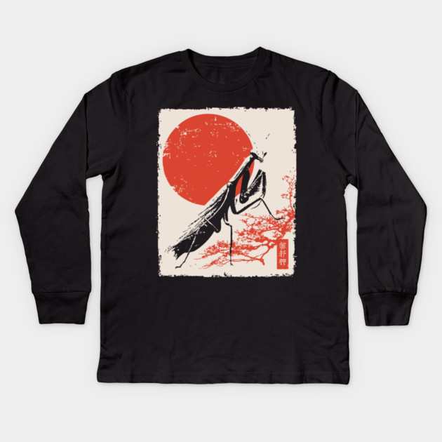 Japanese Mantis and Mt. Fuji | Red Sun Landscape Kids Long Sleeve T-Shirt by TuncGK