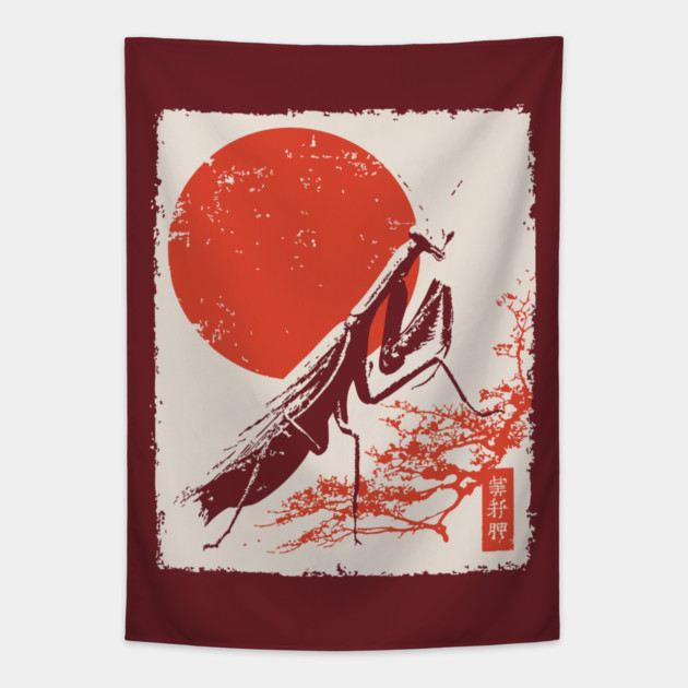 Japanese Mantis and Mt. Fuji | Red Sun Landscape Tapestry by TuncGK