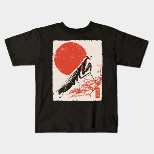 Japanese Mantis and Mt. Fuji | Red Sun Landscape Kids T-Shirt by TuncGK