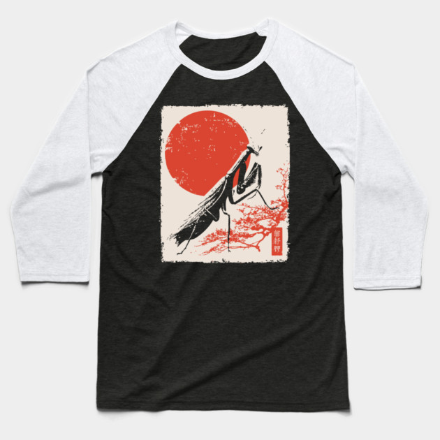 Japanese Mantis and Mt. Fuji | Red Sun Landscape Baseball T-Shirt by TuncGK