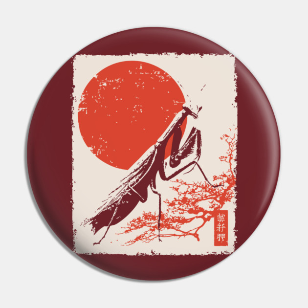 Japanese Mantis and Mt. Fuji | Red Sun Landscape Pin by TuncGK
