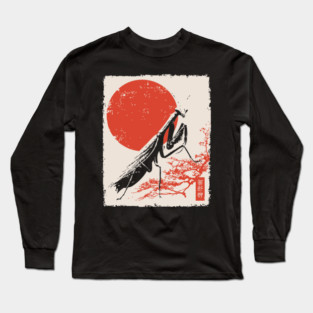 Japanese Mantis and Mt. Fuji | Red Sun Landscape Long Sleeve T-Shirt
