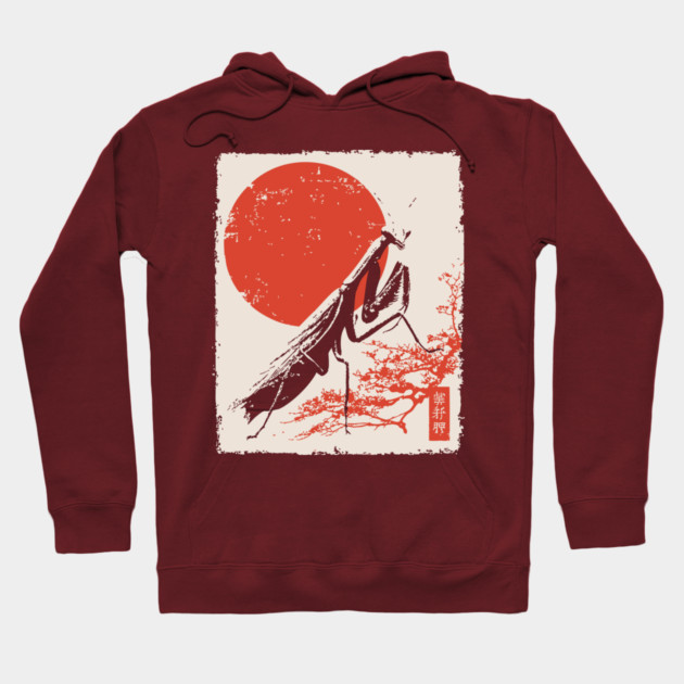 Japanese Mantis and Mt. Fuji | Red Sun Landscape Hoodie by TuncGK
