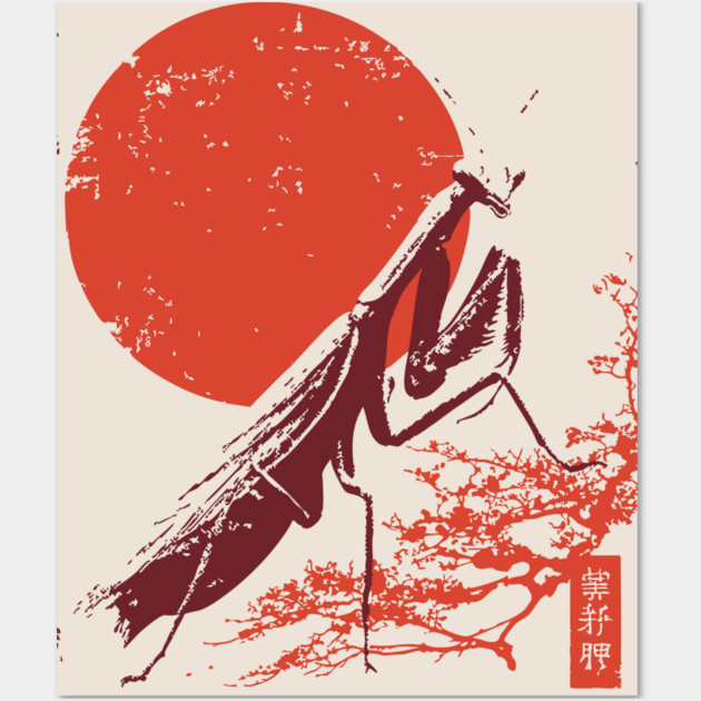 Japanese Mantis and Mt. Fuji | Red Sun Landscape Wall Art by TuncGK