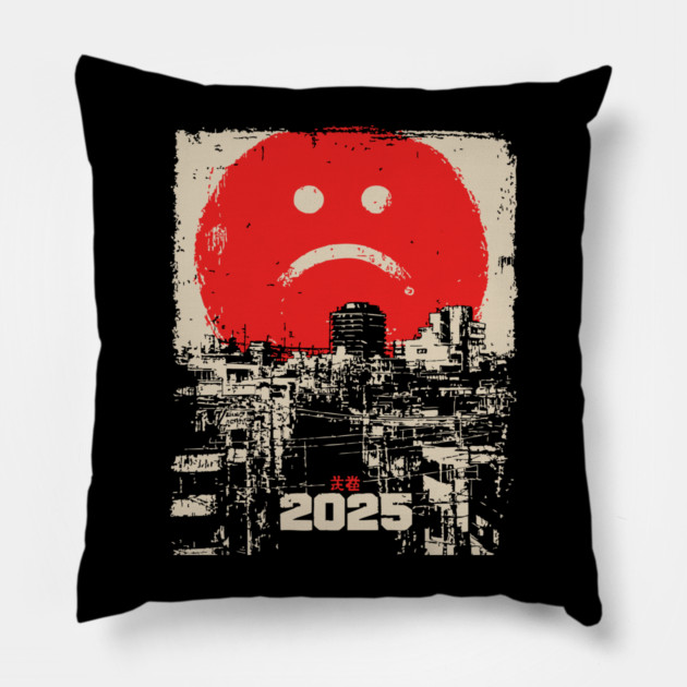 2025 Dystopian Future | Sad Emoji Cyberpunk Pillow by TuncGK