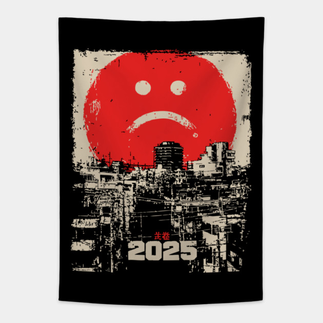 2025 Dystopian Future | Sad Emoji Cyberpunk Tapestry by TuncGK