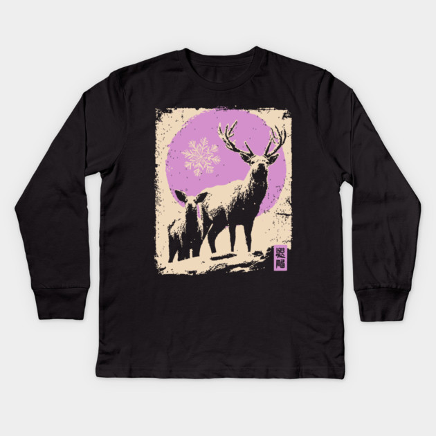 Majestic Winter Stag | Christmas Reindeer Portrait Kids Long Sleeve T-Shirt by TuncGK