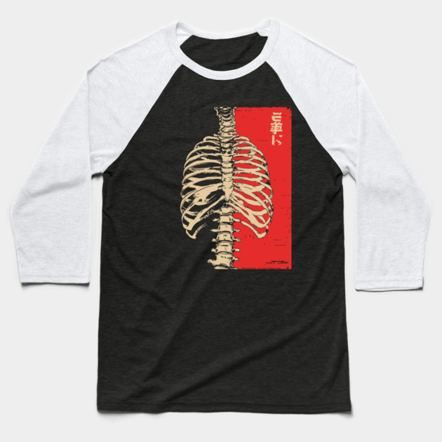 Yokai Spirits Skeleton | Chimimoryo Kanji Ribcage Baseball T-Shirt by TuncGK