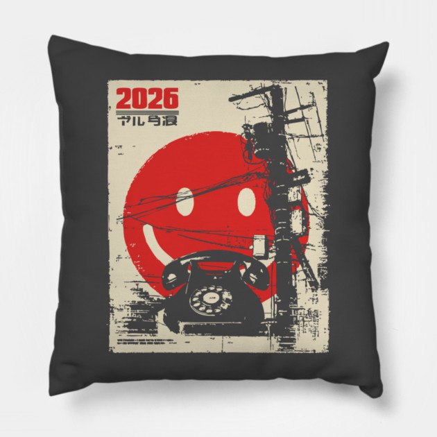 Welcome 2026 - Brutalist Industrial Smiley Face Pillow by TuncGK