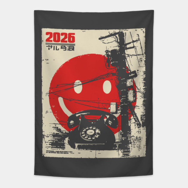 Welcome 2026 - Brutalist Industrial Smiley Face Tapestry by TuncGK
