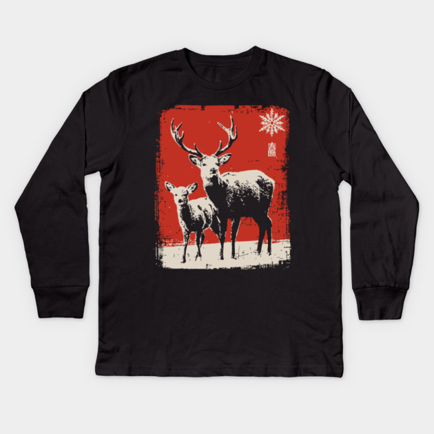 Solitary Winter Stag | Rustic Christmas Deer Kids Long Sleeve T-Shirt by TuncGK
