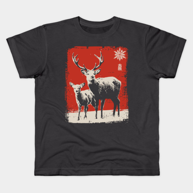 Solitary Winter Stag | Rustic Christmas Deer Kids T-Shirt by TuncGK