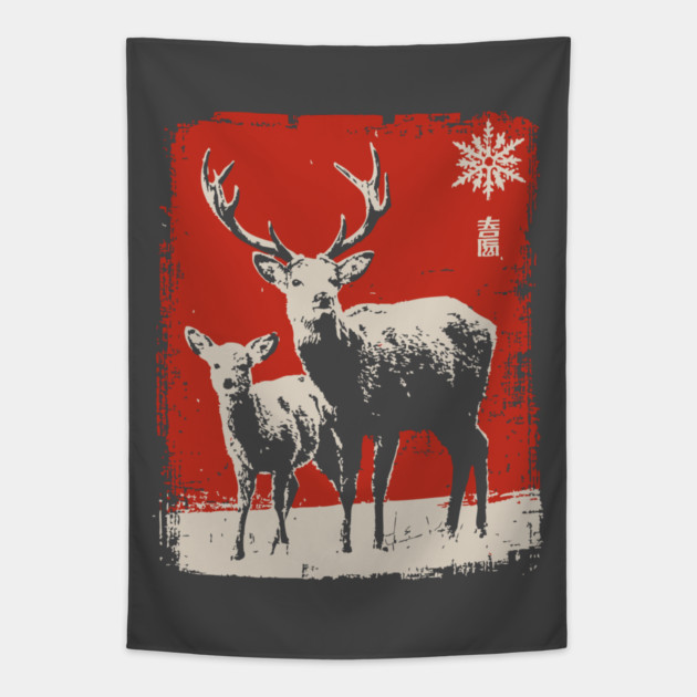 Solitary Winter Stag | Rustic Christmas Deer Tapestry by TuncGK