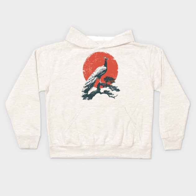 Japanese Peacock and Sun | Vintage Ukiyo-e Bird Kids Hoodie by TuncGK