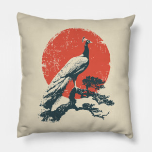 Japanese Peacock and Sun | Vintage Ukiyo-e Bird Pillow