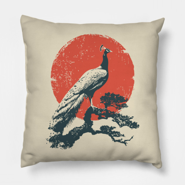 Japanese Peacock and Sun | Vintage Ukiyo-e Bird Pillow by TuncGK