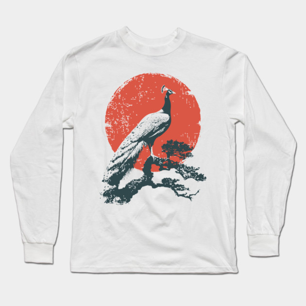 Japanese Peacock and Sun | Vintage Ukiyo-e Bird Long Sleeve T-Shirt by TuncGK