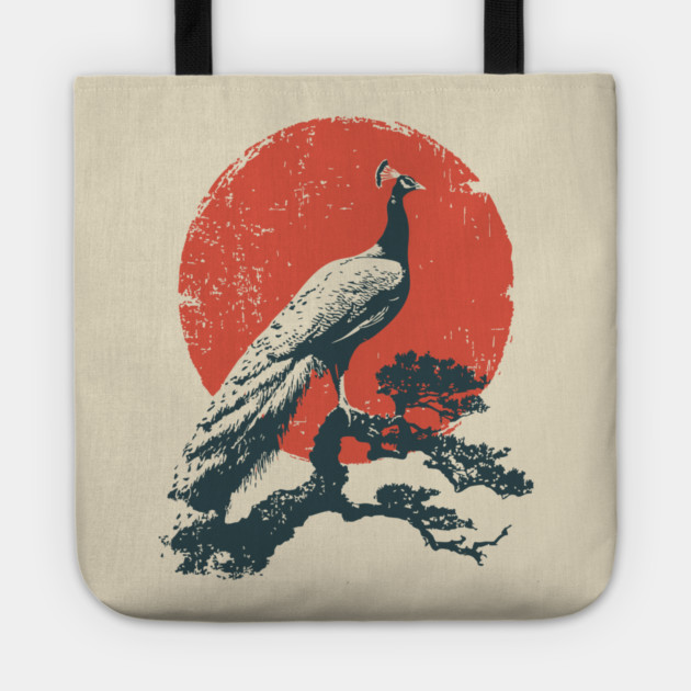Japanese Peacock and Sun | Vintage Ukiyo-e Bird Tote by TuncGK