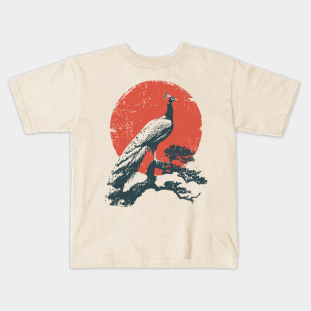 Japanese Peacock and Sun | Vintage Ukiyo-e Bird Kids T-Shirt by TuncGK