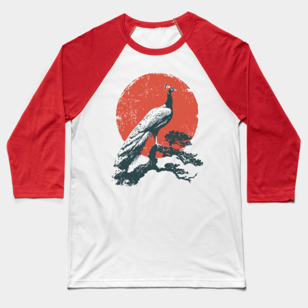 Japanese Peacock and Sun | Vintage Ukiyo-e Bird Baseball T-Shirt by TuncGK