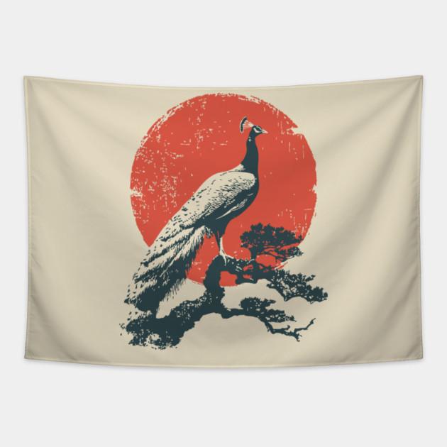 Japanese Peacock and Sun | Vintage Ukiyo-e Bird Tapestry by TuncGK