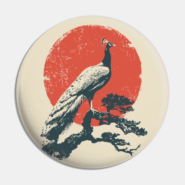 Japanese Peacock and Sun | Vintage Ukiyo-e Bird Pin by TuncGK