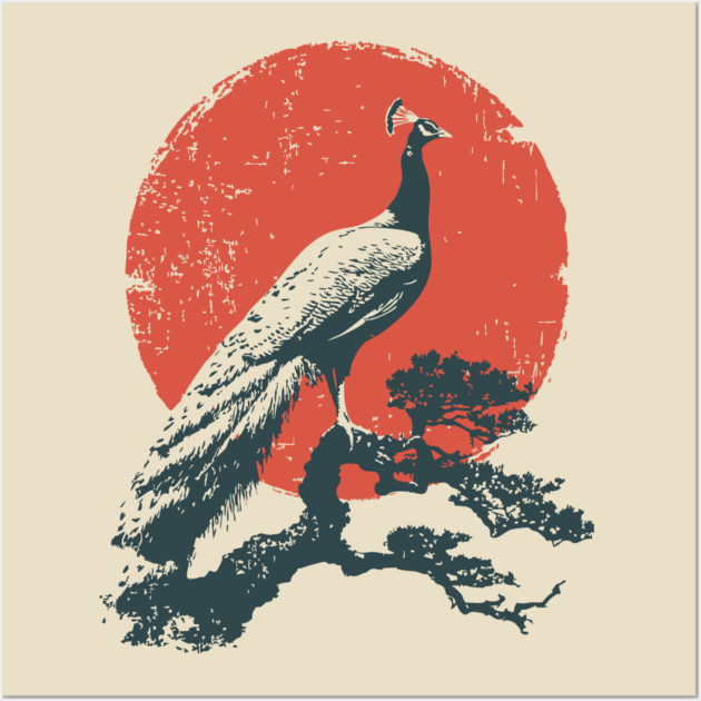 Japanese Peacock and Sun | Vintage Ukiyo-e Bird Wall Art by TuncGK