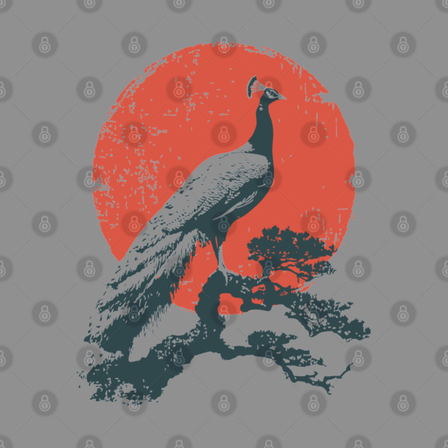 Japanese Peacock and Sun | Vintage Ukiyo-e Bird by TuncGK