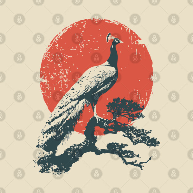 Japanese Peacock and Sun | Vintage Ukiyo-e Bird by TuncGK