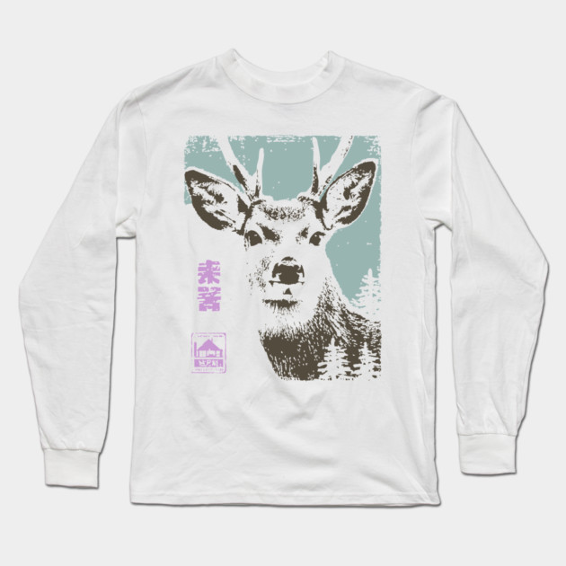 Japanese Stag | Mount Norikura Winter Deer Long Sleeve T-Shirt by TuncGK