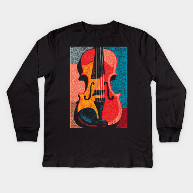 Abstract Violin | Modern Woodcut Musical Instrument Kids Long Sleeve T-Shirt by TuncGK