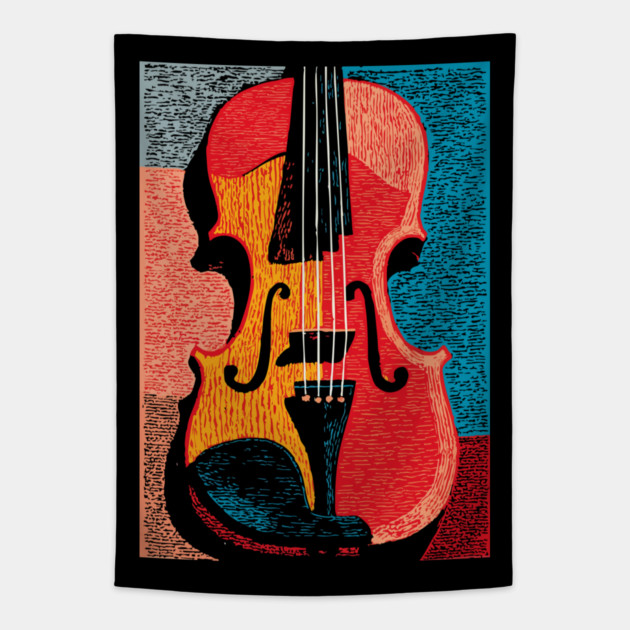 Abstract Violin | Modern Woodcut Musical Instrument Tapestry by TuncGK