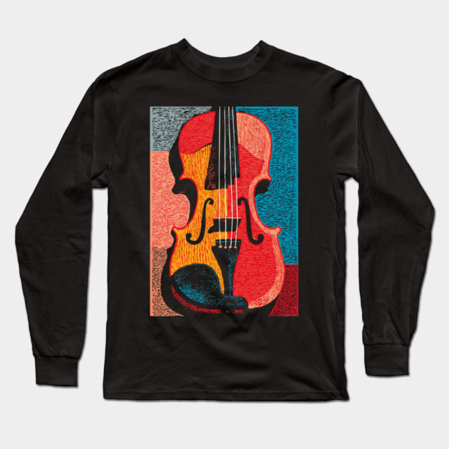 Abstract Violin | Modern Woodcut Musical Instrument Long Sleeve T-Shirt by TuncGK