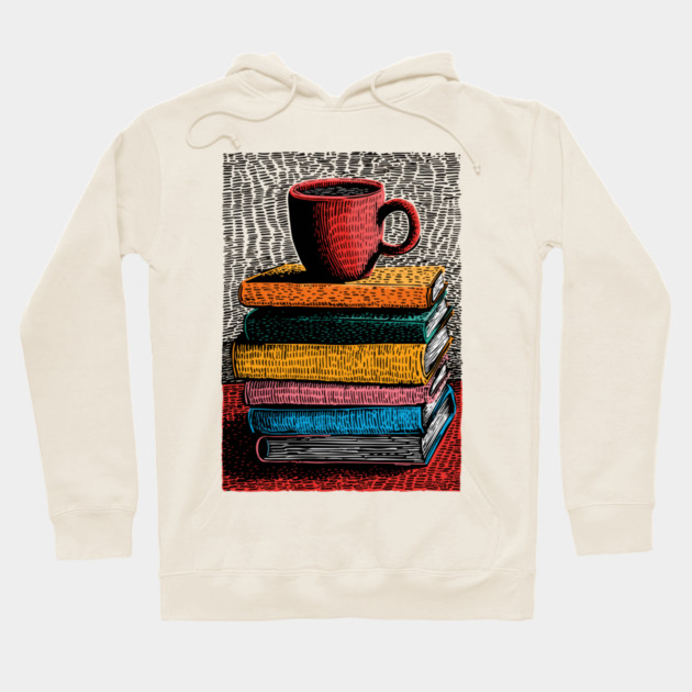 Books and Coffee | Cozy Reader Woodcut Illustration Hoodie by TuncGK