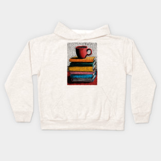 Books and Coffee | Cozy Reader Woodcut Illustration Kids Hoodie