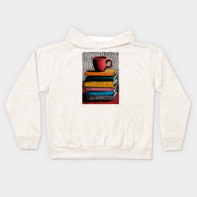 Books and Coffee | Cozy Reader Woodcut Illustration Kids Hoodie by TuncGK