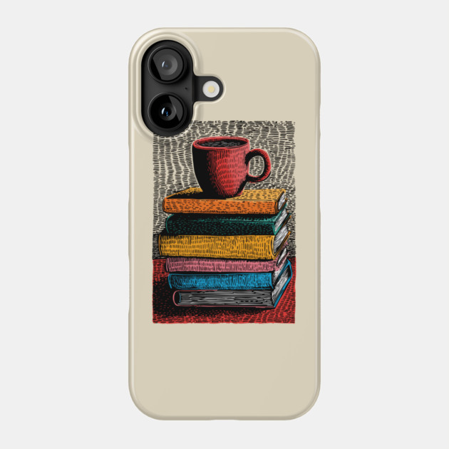 Books and Coffee | Cozy Reader Woodcut Illustration Phone Case by TuncGK