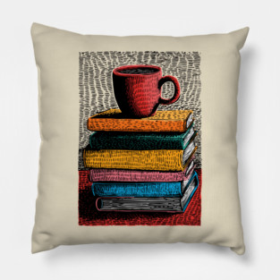 Books and Coffee | Cozy Reader Woodcut Illustration Pillow