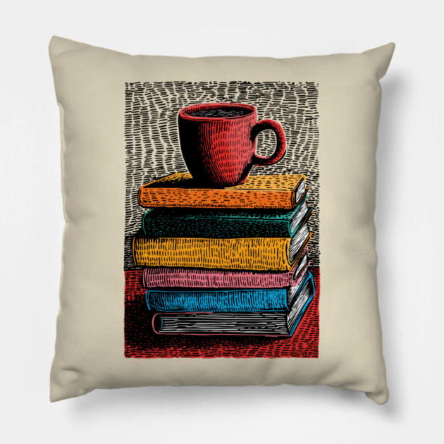 Books and Coffee | Cozy Reader Woodcut Illustration Pillow by TuncGK