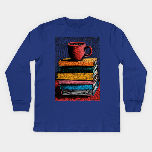 Books and Coffee | Cozy Reader Woodcut Illustration Kids Long Sleeve T-Shirt by TuncGK