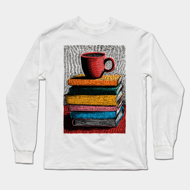 Books and Coffee | Cozy Reader Woodcut Illustration Long Sleeve T-Shirt by TuncGK
