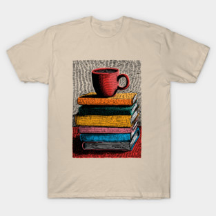 Books and Coffee | Cozy Reader Woodcut Illustration T-Shirt
