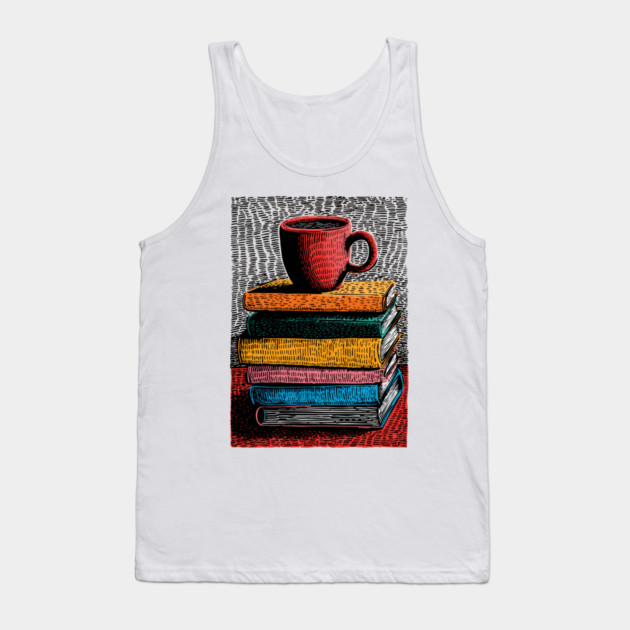 Books and Coffee | Cozy Reader Woodcut Illustration Tank Top by TuncGK