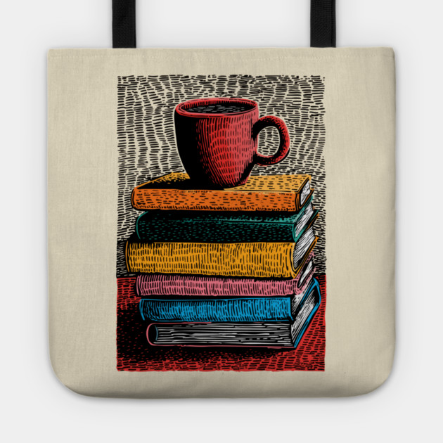 Books and Coffee | Cozy Reader Woodcut Illustration Tote by TuncGK