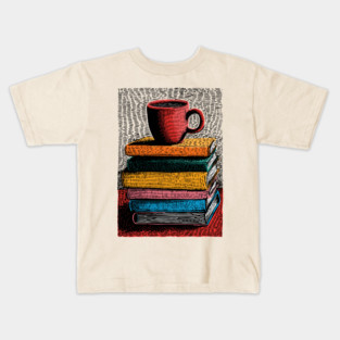 Books and Coffee | Cozy Reader Woodcut Illustration Kids T-Shirt